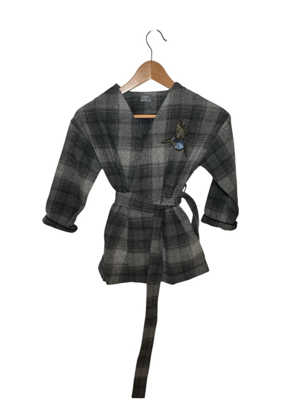 TOCOTO VINTAGE grey plaid wrap jacket/blazer with bird embroidery - size 8